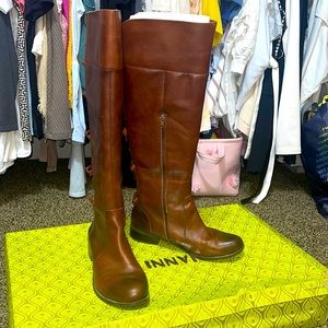 Gianni Bini Brown Leather Tall Boots with bow accent
